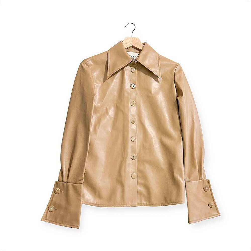 A.W.A.K.E. MODE Faux Leather Shirt With Cuff Detail, Size 34EU, Brandy, NWOT